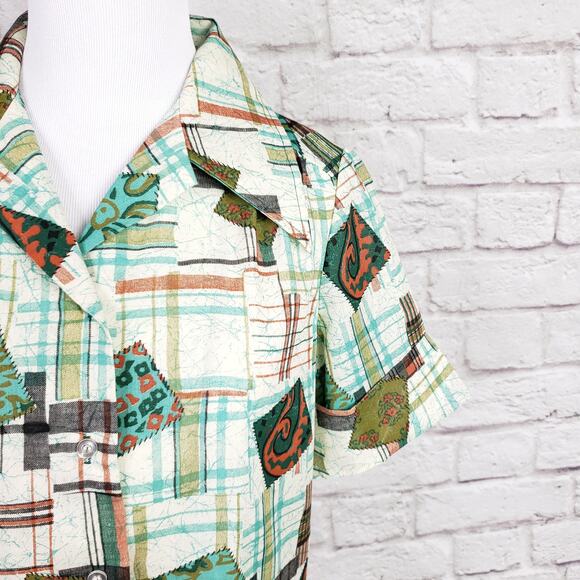 Vintage '70s Bradley Knitwear Green Plaid Patchwork Print Button Down Top Size M - Picture 3 of 16